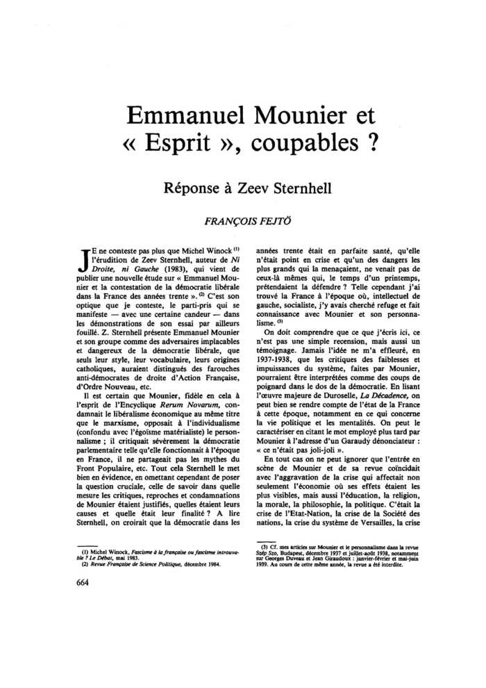Emmanuel Mounier et « Esprit », coupables ? Réponse à Zeev Sternhell
 – page 1
