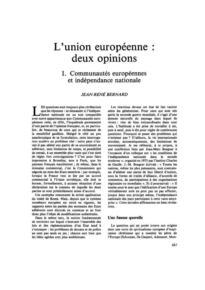 L’union européenne : deux opinions. I. Communautés européennes et indépendance nationale
 – page 1