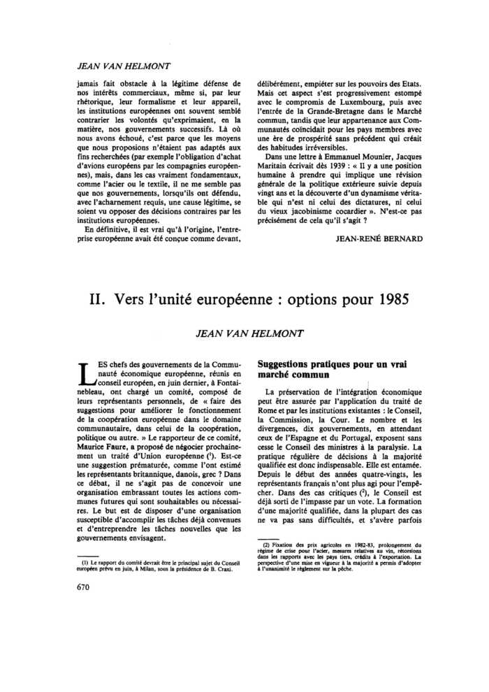 L’union européenne : deux opinions. II. Vers l’unité européenne : options pour 1985
 – page 1