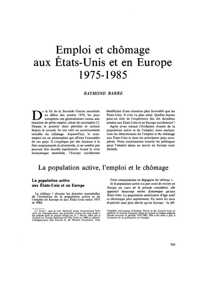 Emploi et chômage aux États-Unis et en Europe 1975-1985
 – page 1