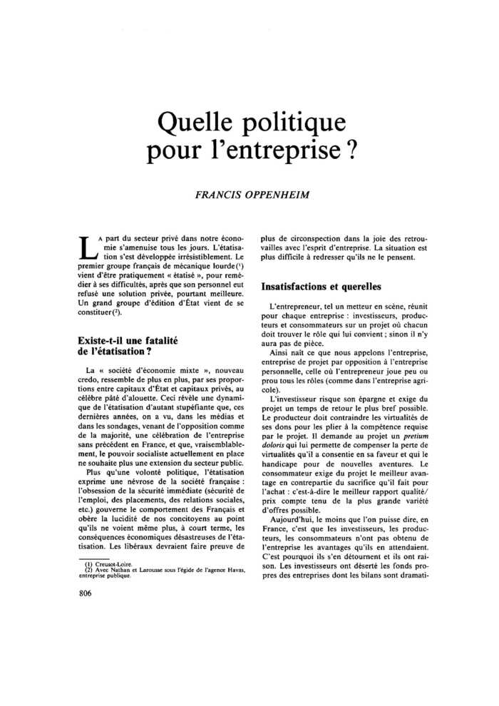 Quelle politique pour l’entreprise ?
 – page 1