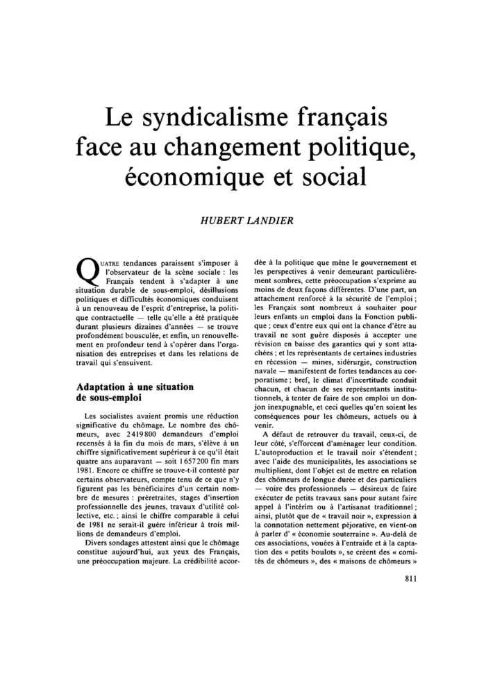 Le syndicalisme français face au changement politique, économique et social
 – page 1