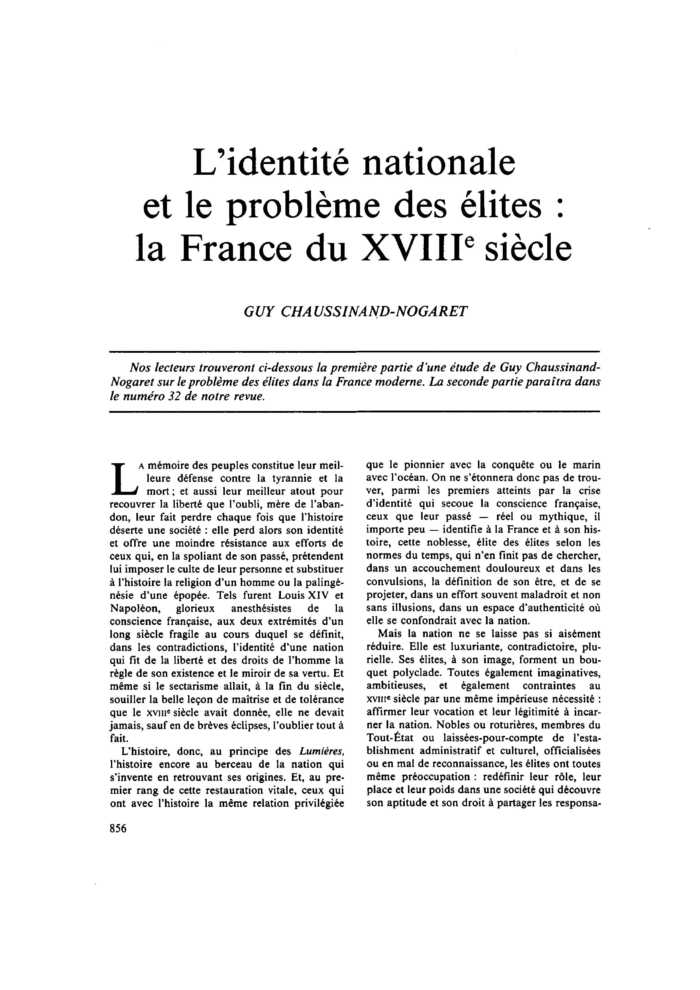 L’identité nationale et le problème des élites : la France du XVIIIe siècle
 – page 1
