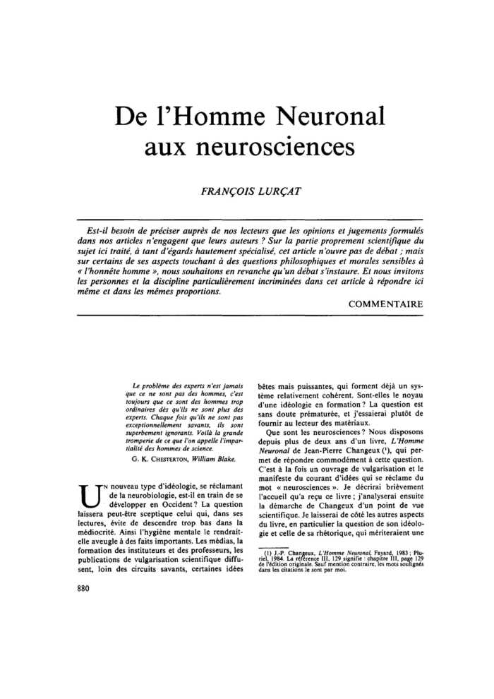 De l’Homme Neuronal aux neurosciences
 – page 1