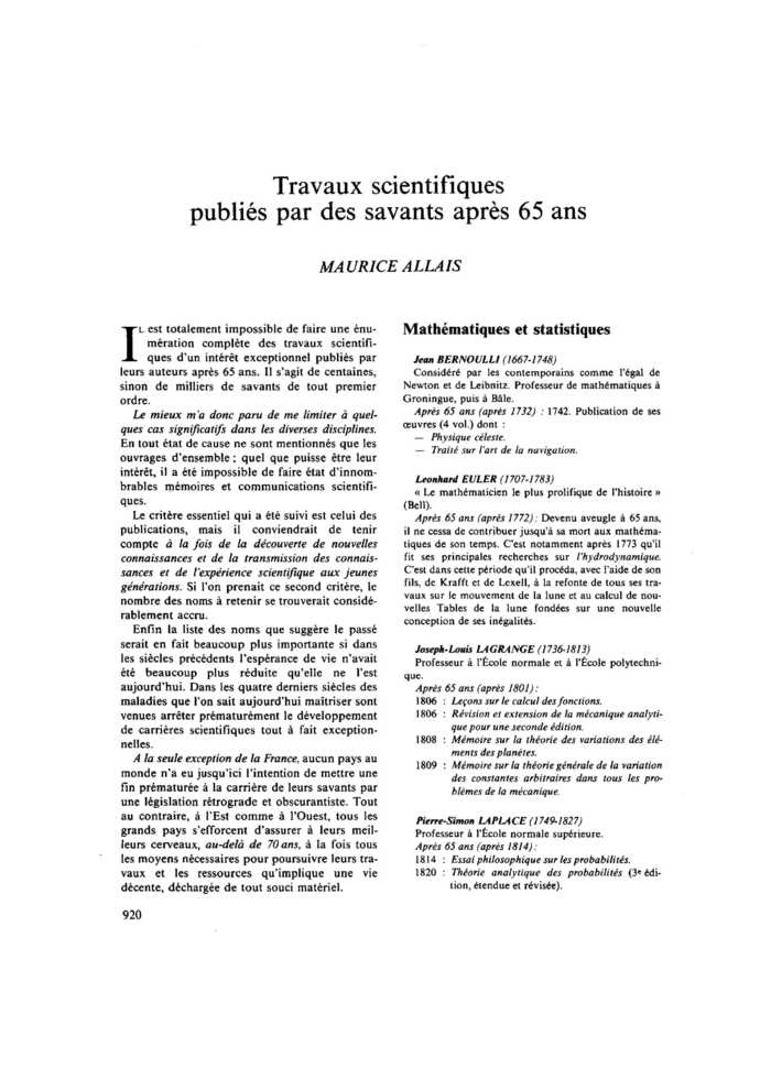 Travaux scientifiques publiés par des savants après 65 ans
 – page 1