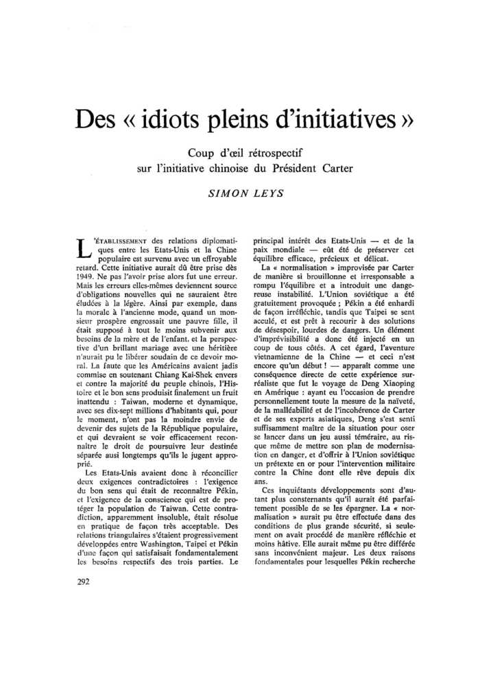 Des « idiots pleins d’initiatives » : coup d’œil rétrospectif sur l’initiative chinoise du Président Carter
 – page 1