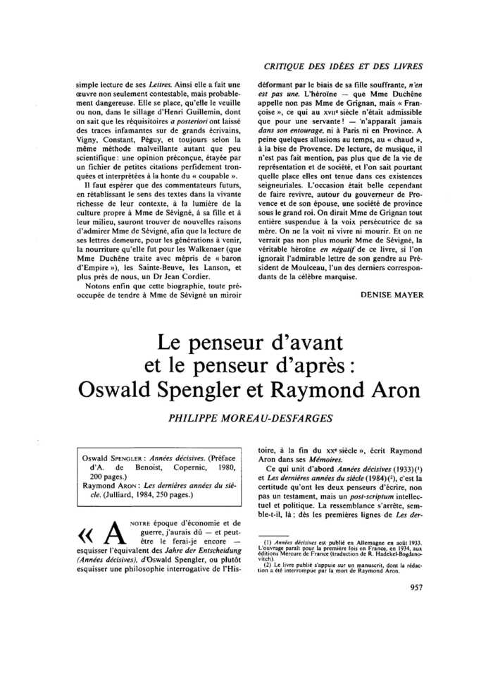 Le penseur d’avant et le penseur d’après : Oswald Spengler et Raymond Aron
 – page 1