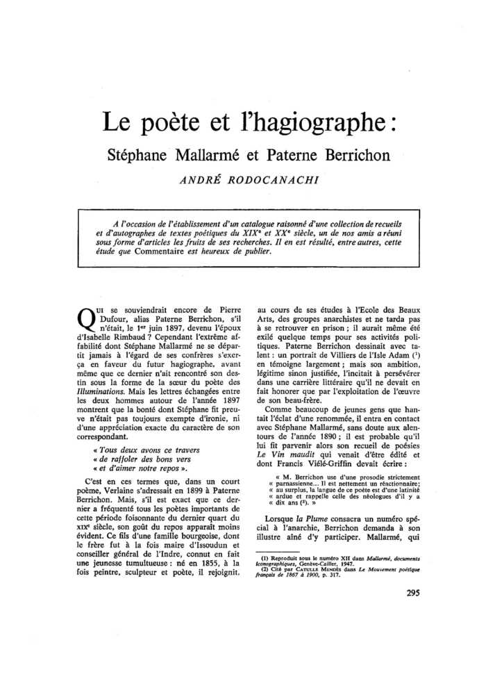 Le poète et l’hagiographe : Stéphane Mallarmé et Paterne Berrichon
 – page 1