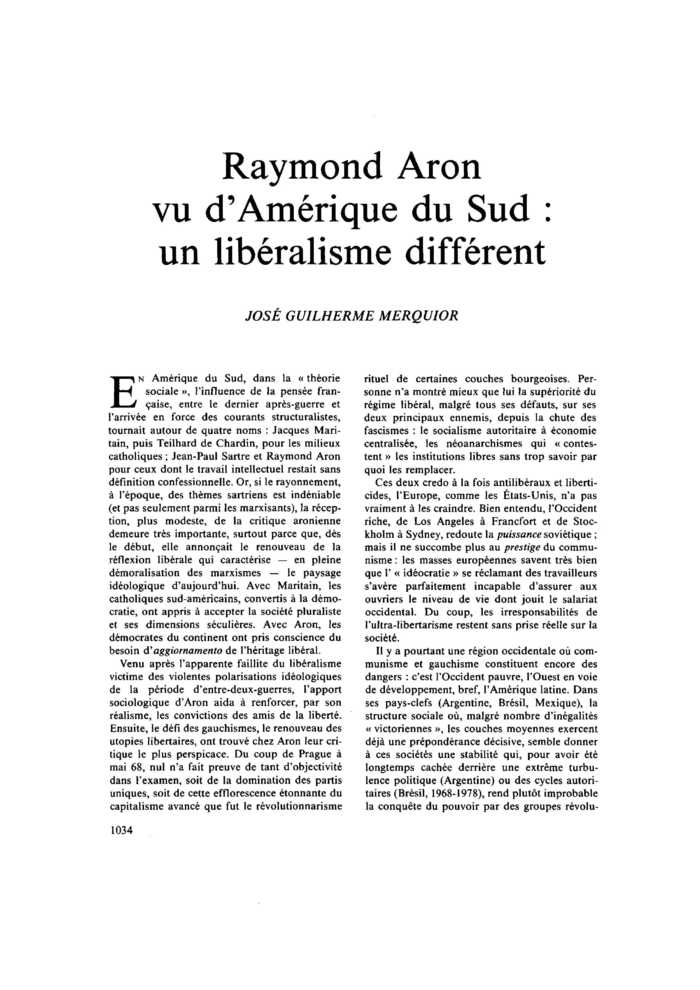 Raymond Aron vu d’Amérique du Sud : un libéralisme différent
 – page 1