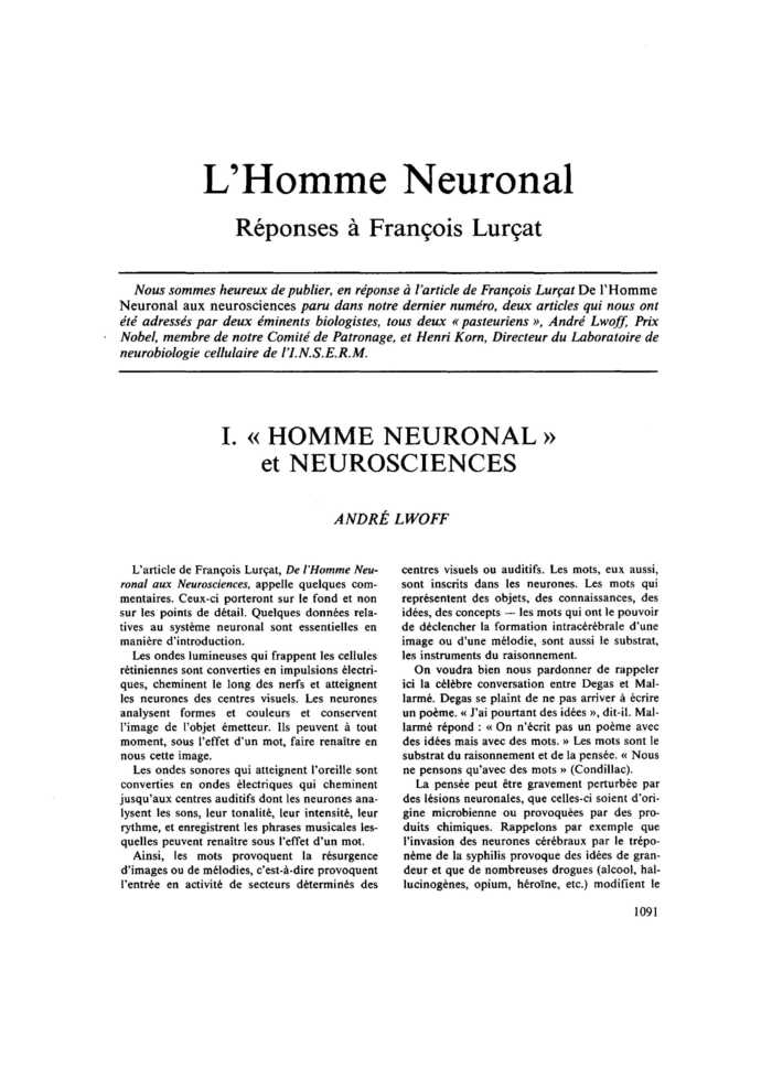 L’Homme Neuronal. Réponses à François Lurçat. I. « HOMME NEURONAL » et NEUROSCIENCES
 – page 1