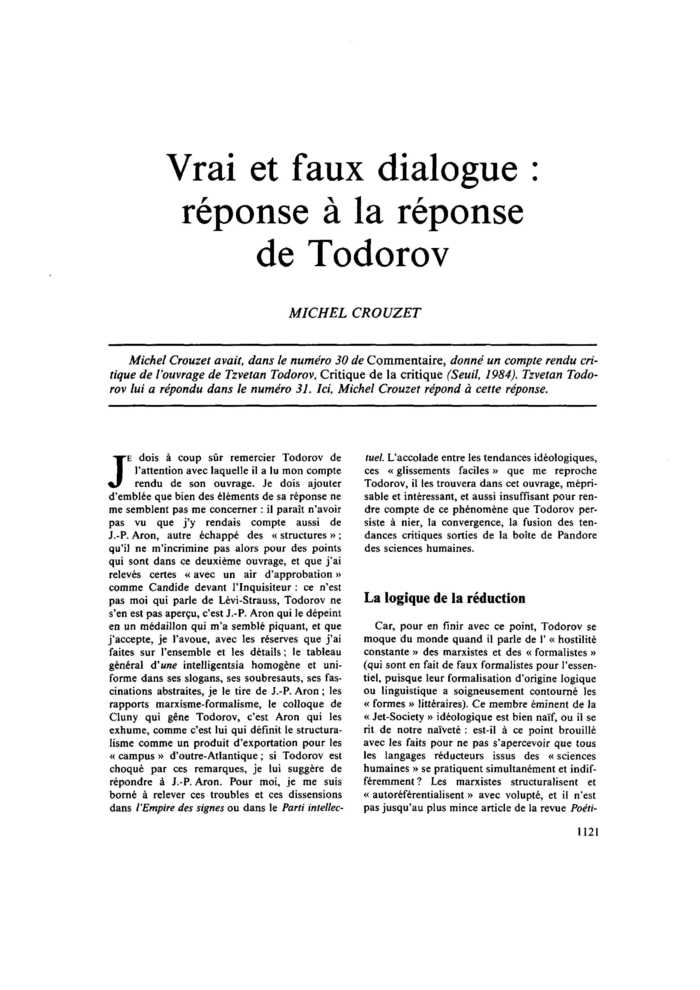 Vrai et faux dialogue. Réponse à la réponse de Todorov
 – page 1