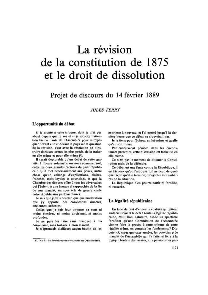 La révision de la constitution de 1875 et le droit de dissolution
 – page 1
