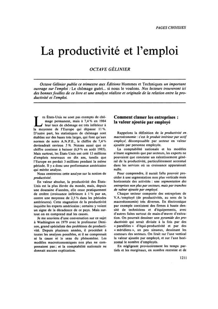 La productivité et l’emploi
 – page 1