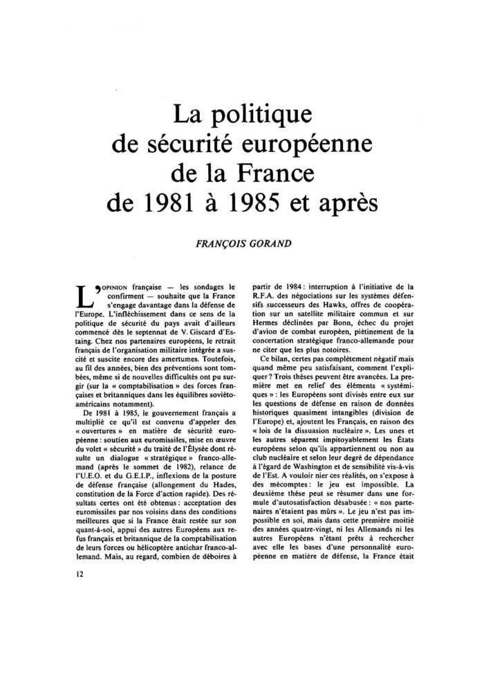 La politique de sécurité européenne de la France de 1981 à 1985 et après
 – page 1