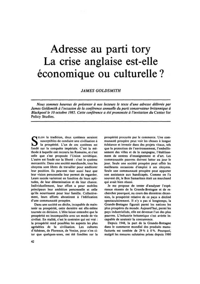 Adresse au parti tory. La crise anglaise est-elle économique ou culturelle ?
 – page 1