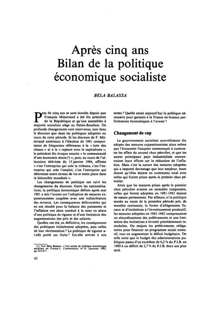 Après cinq ans. Bilan de la politique économique socialiste
 – page 1