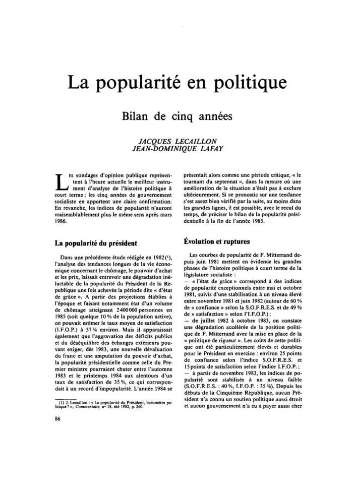 La popularité en politique. Bilan de cinq années
 – page 1
