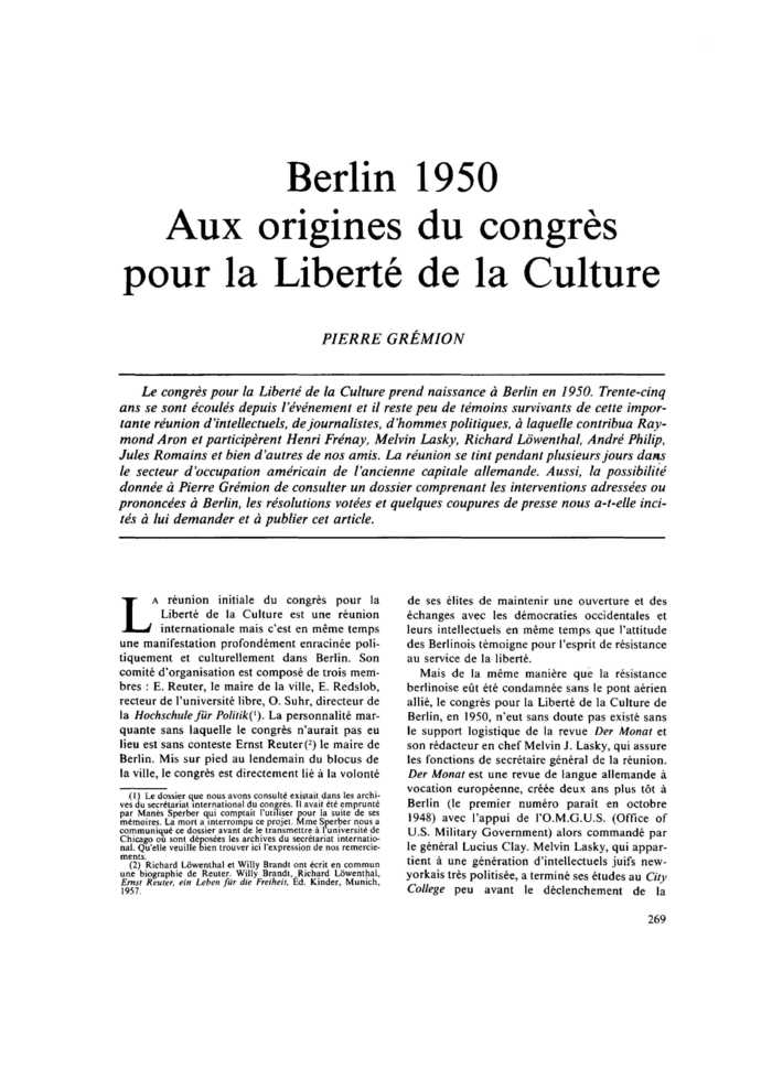 Berlin 1950. Aux origines du congrès pour la Liberté de la Culture
 – page 1