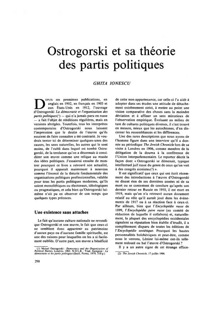 Ostrogorski et sa théorie des partis politiques
 – page 1