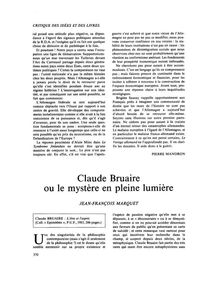 Claude Bruaire ou le mystère en pleine lumière
 – page 1