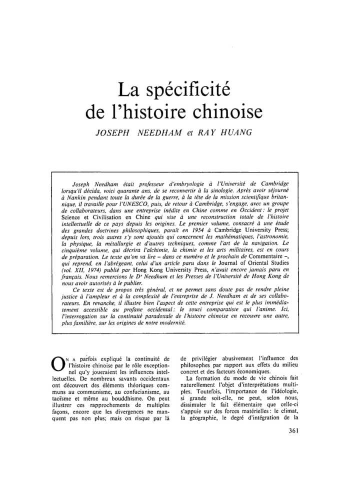 La spécificité de l’histoire chinoise
 – page 1