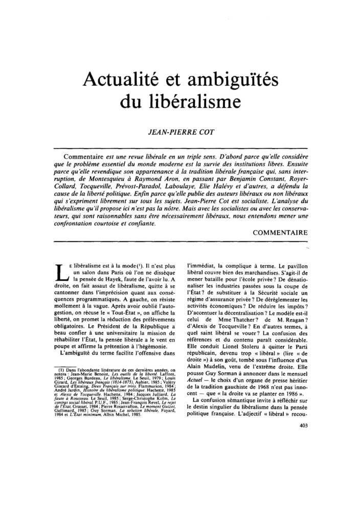 Actualité et ambiguïtés du libéralisme
 – page 1
