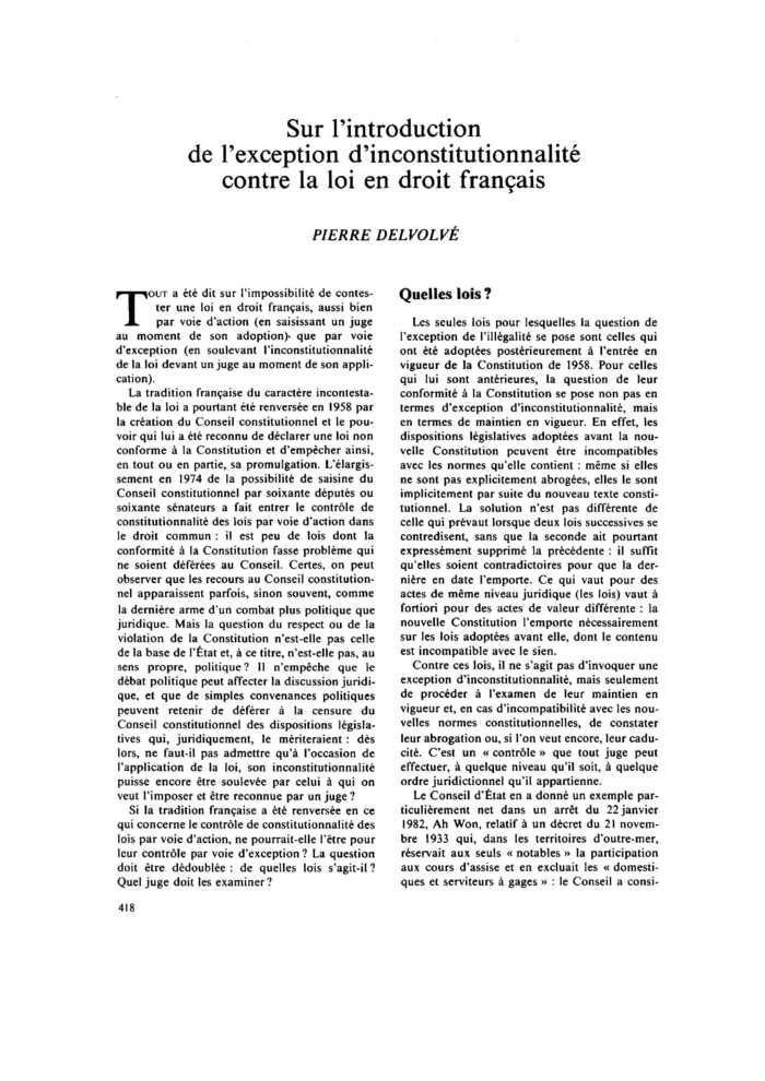 Sur l’introduction de l’exception d’inconstitutionnalité contre la loi en droit français
 – page 1