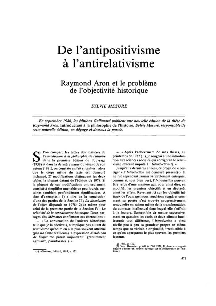 De l’antipositivisme à l’antirelativisme. Raymond Aron et le problème de l’objectivité historique
 – page 1