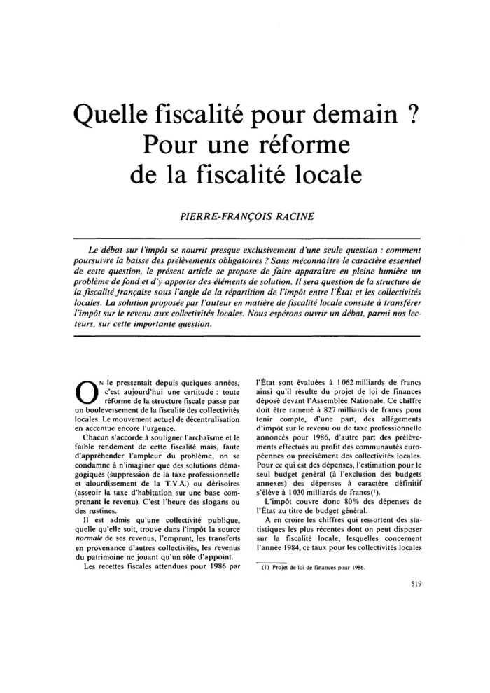 Quelle fiscalité pour demain ? Pour une réforme de la fiscalité locale
 – page 1