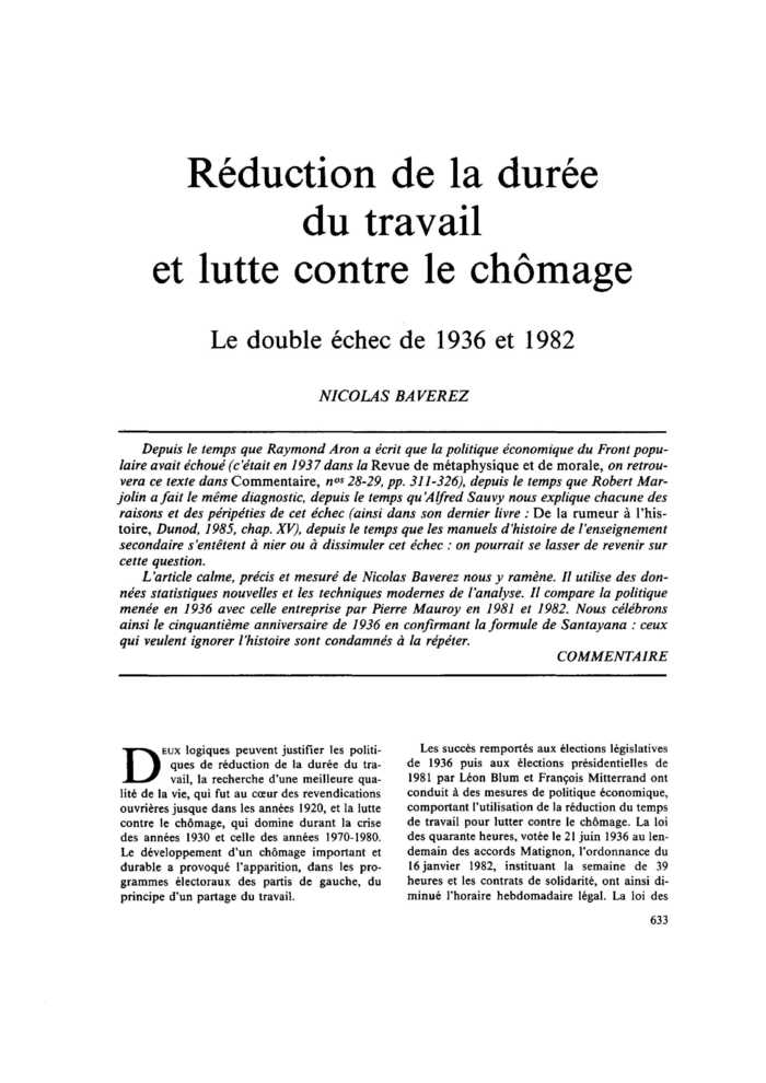 Réduction de la durée du travail et lutte contre le chômage. Le double échec de 1936 et 1982
 – page 1