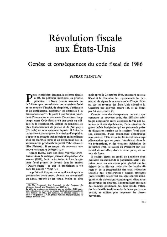 Révolution fiscale aux États-Unis. Genèse et conséquences du code fiscal de 1986
 – page 1