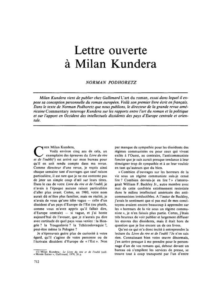 Lettre ouverte à Milan Kundera
 – page 1