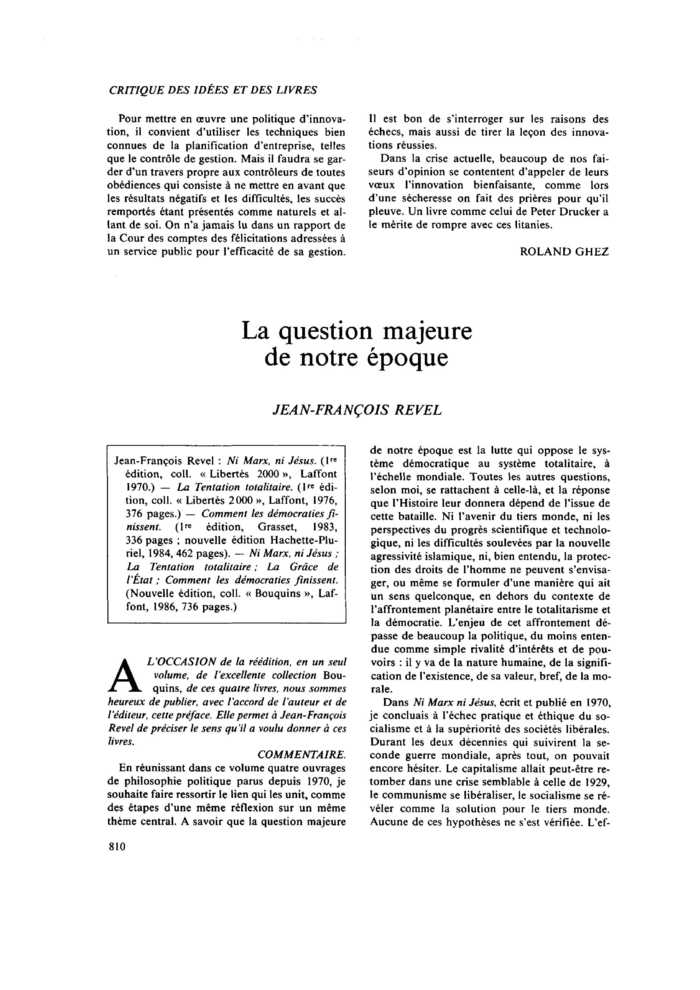 La question majeure de notre époque
 – page 1