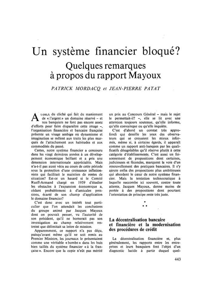 Un système financier bloqué ? Quelques remarques à propos du rapport Mayoux
 – page 1