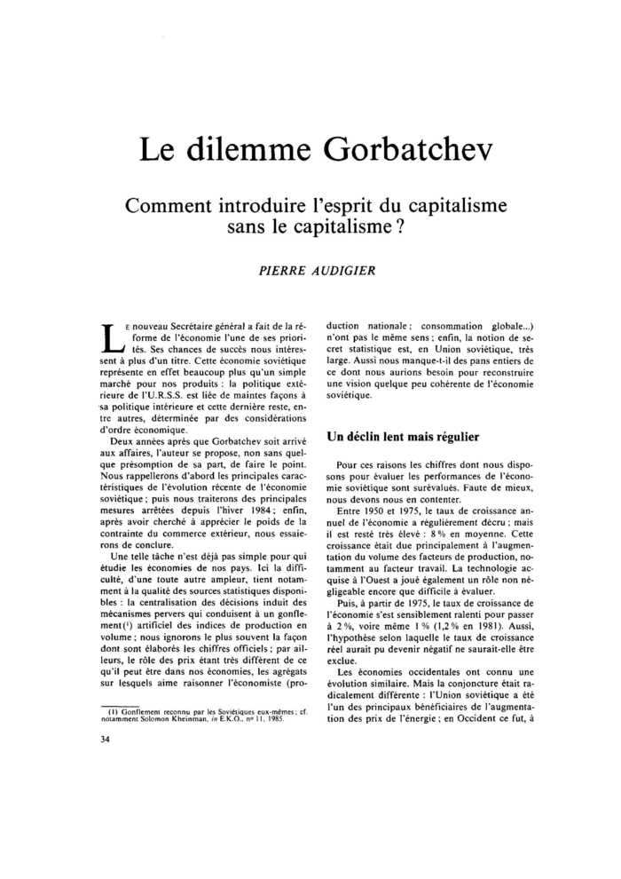 Le dilemme Gorbatchev. Comment introduire l’esprit du capitalisme sans le capitalisme ?
 – page 1