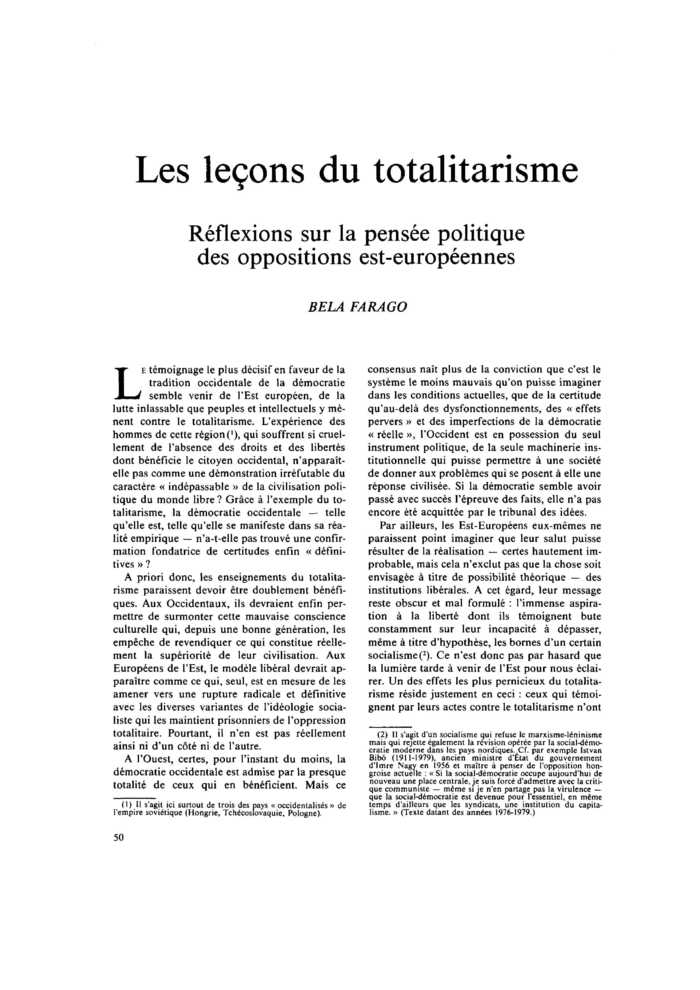 Les leçons du totalitarisme. Réflexions sur la pensée politique des oppositions est-européennes
 – page 1