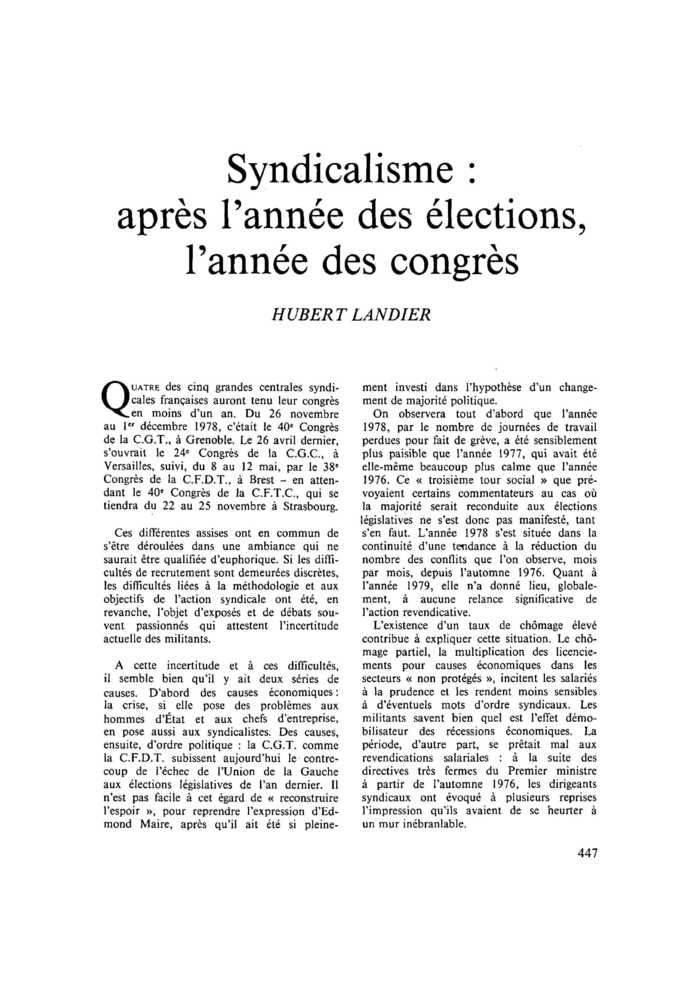 Syndicalisme : après l’année des élections, l’année des congrès
 – page 1