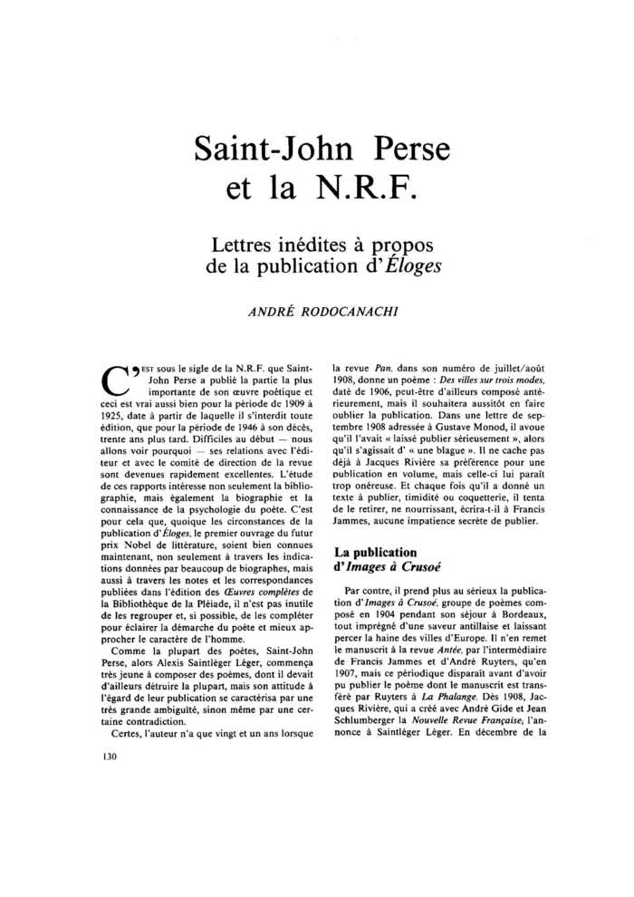 Saint-John Perse et la N.R.F.. Lettres inédites à propos de la publication d’Éloges
 – page 1