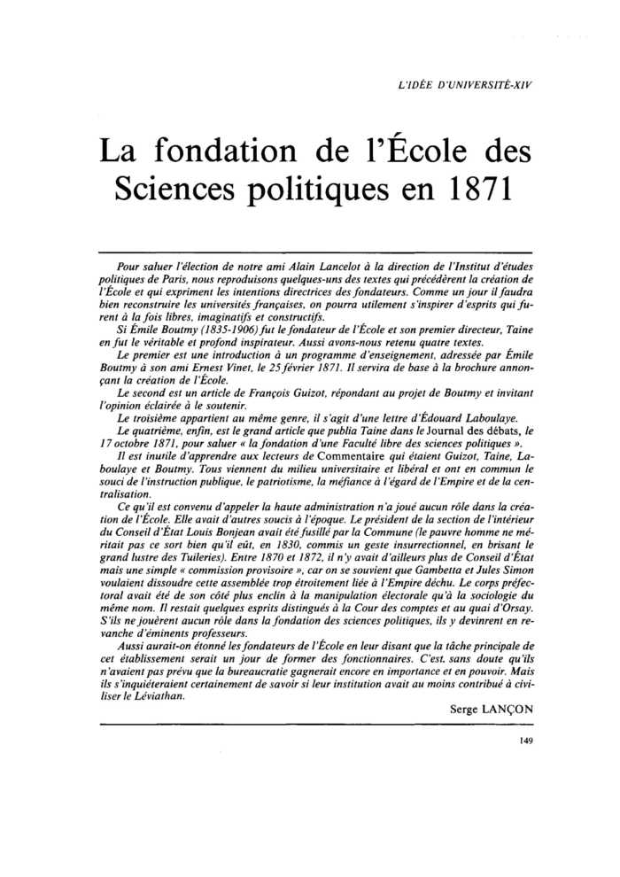 La fondation de l’École des Sciences politiques en 1871
 – page 1