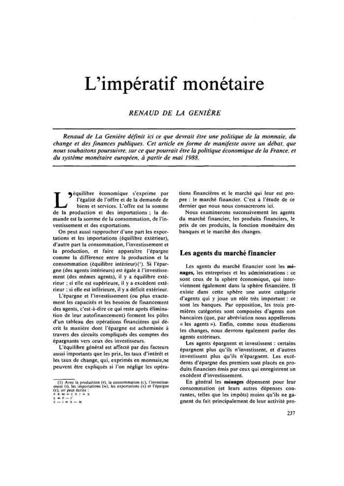 L’impératif monétaire
 – page 1