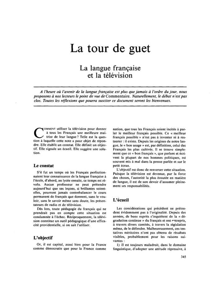 La tour de guet. La langue française et la télévision
 – page 1