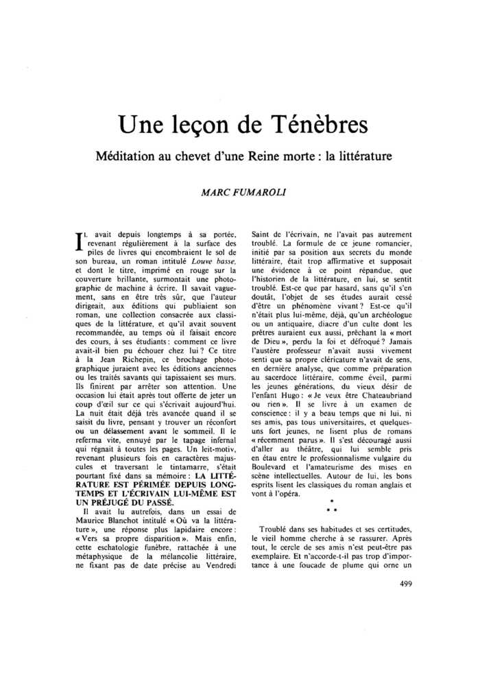 Une leçon de Ténèbres. Méditation au chevet d’une Reine morte : la littérature
 – page 1