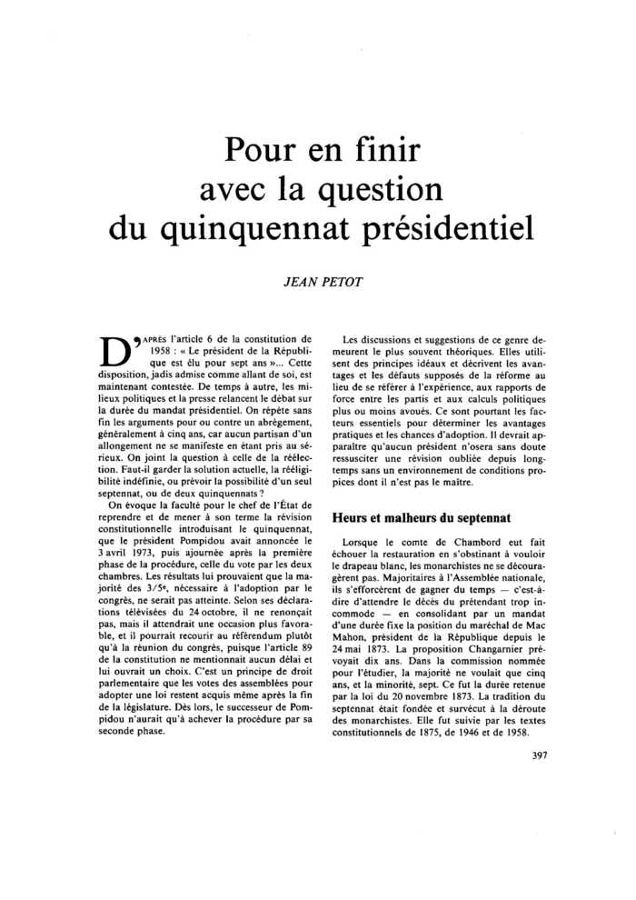 Pour en finir avec la question du quinquennat présidentiel
 – page 1