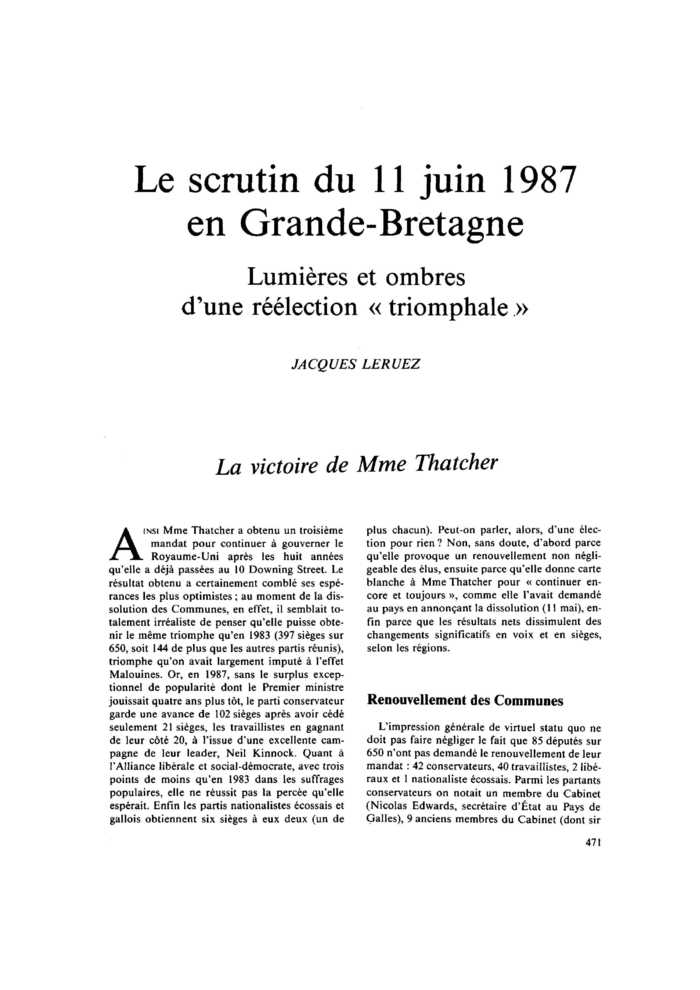 Le scrutin du 11 juin 1987 en Grande-Bretagne. Lumières et ombres d’une réélection « triomphale »
 – page 1