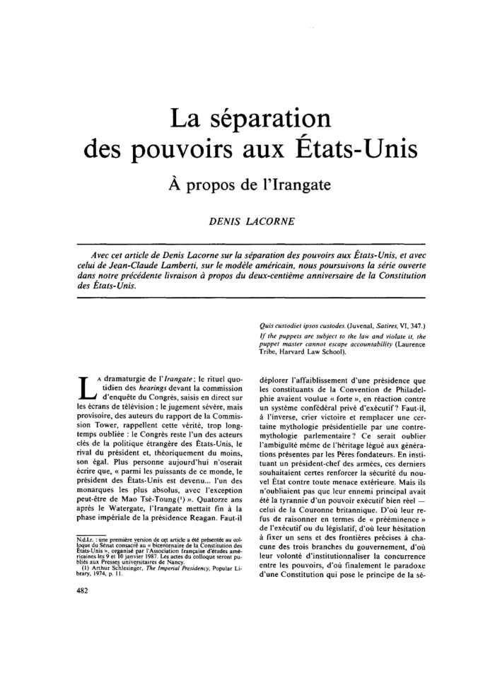 La séparation des pouvoirs aux États-Unis. À propos de l’Irangate
 – page 1