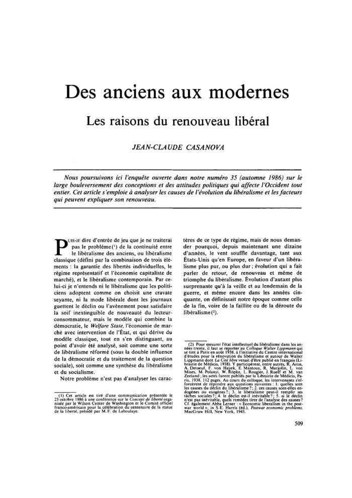 Des anciens aux modernes. Les raisons du renouveau libéral
 – page 1