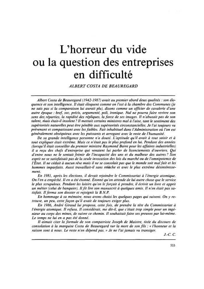 L’horreur du vide ou la question des entreprises en difficulté
 – page 1