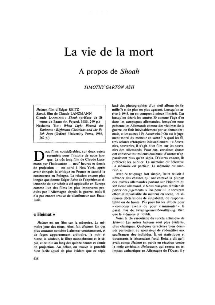 La vie de la mort. À propos de Shoah
 – page 1