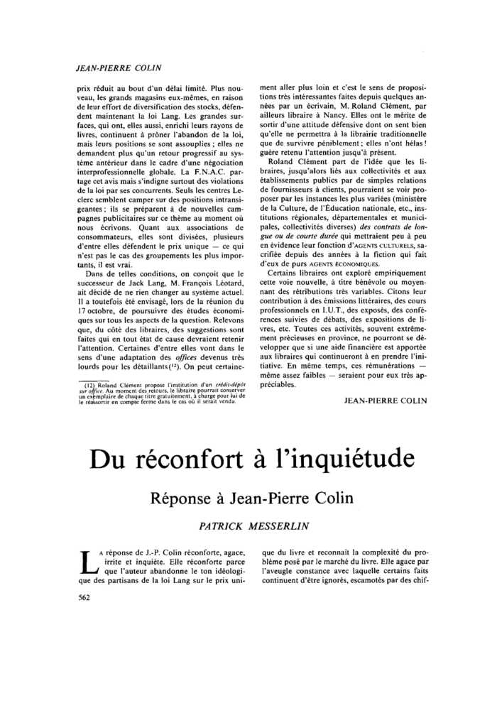 Du réconfort à l’inquiétude. Réponse à Jean-Pierre Colin
 – page 1