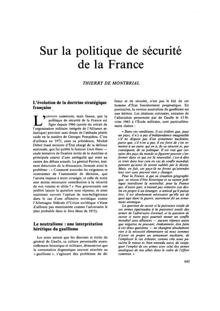 Sur la politique de sécurité de la France
 – page 1